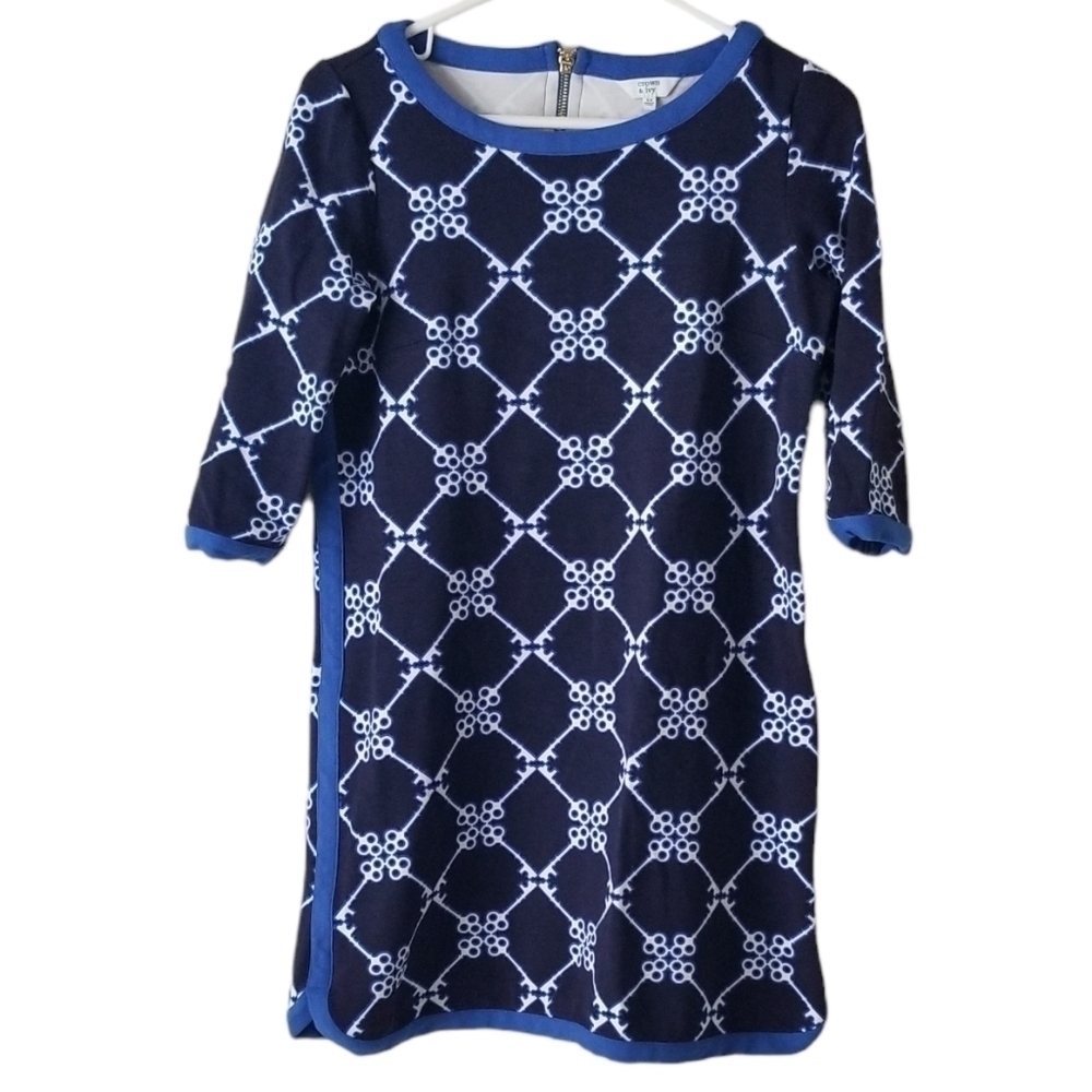 Crown & Ivy Blue/Navy Nautical Key Print 3/4 Sleeves Midi Shift Dress Size XS